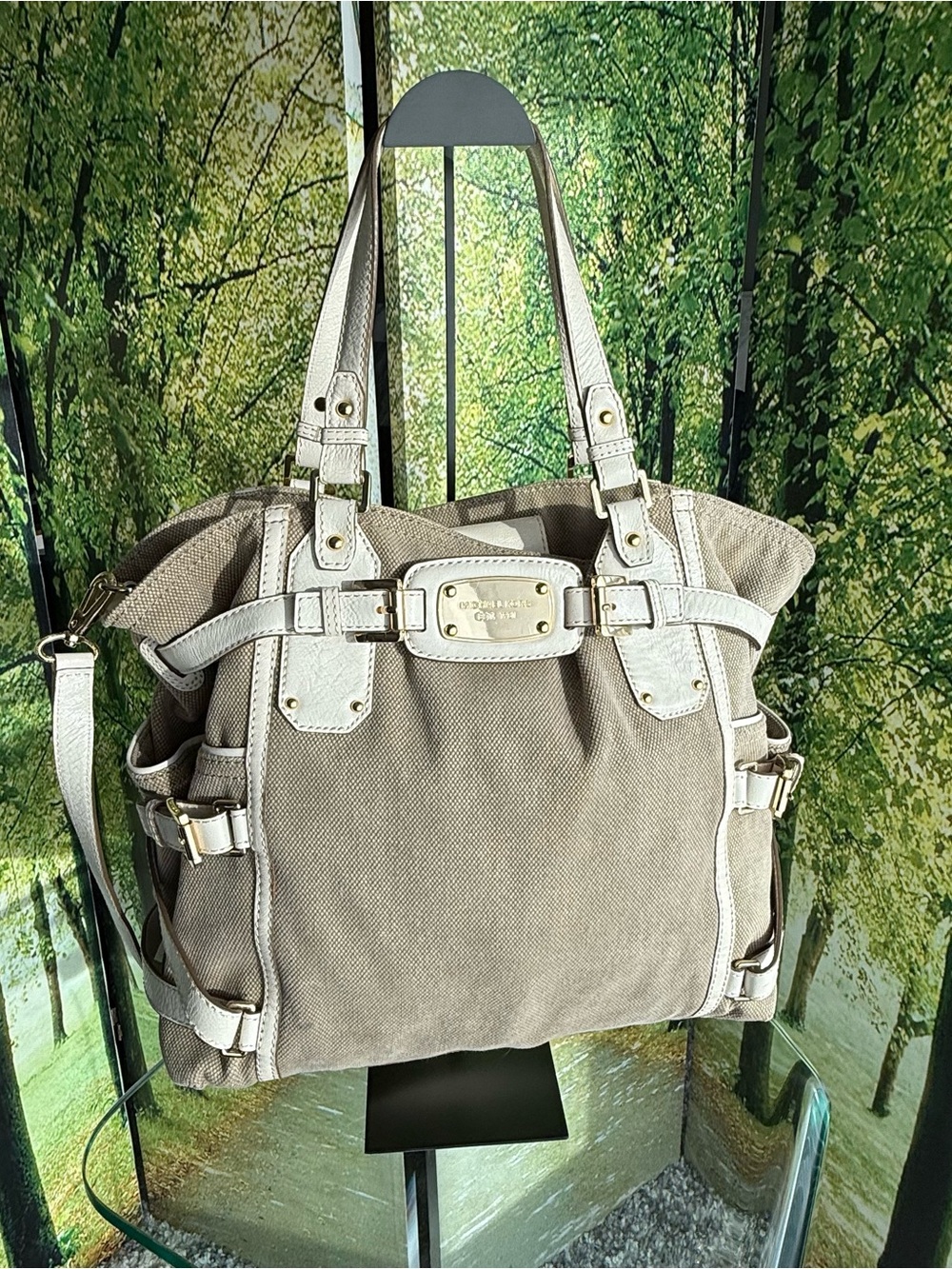 Michael Kors Large Canvas Leather Satchel Tote Crossbody Beige Ivory Gold
